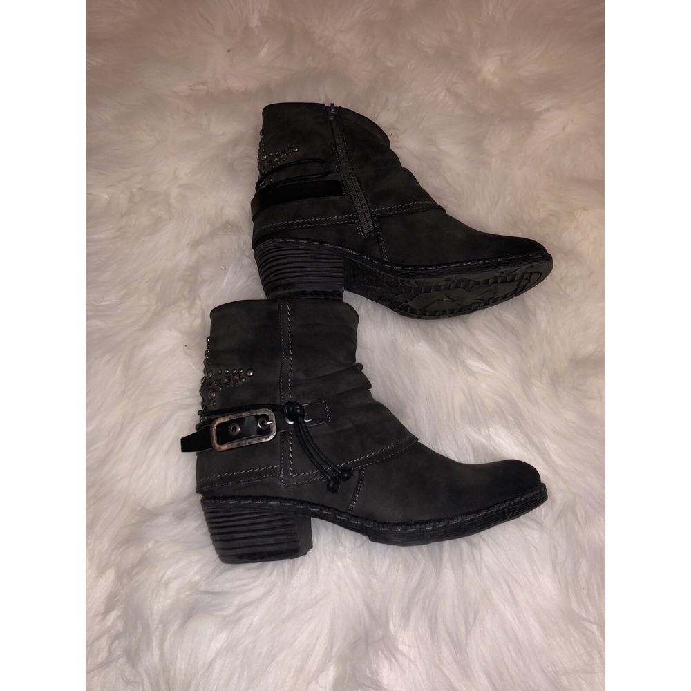 Rieker Studded Moto Ankle Boots Gray Leather Buckle Booties 37